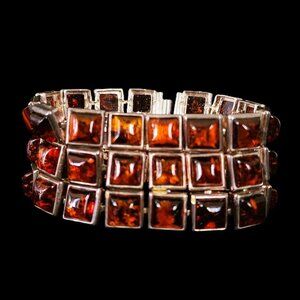 Vintage 80s Sterling Silver & Baltic Amber Triple Strand 69.5 g Bracelet